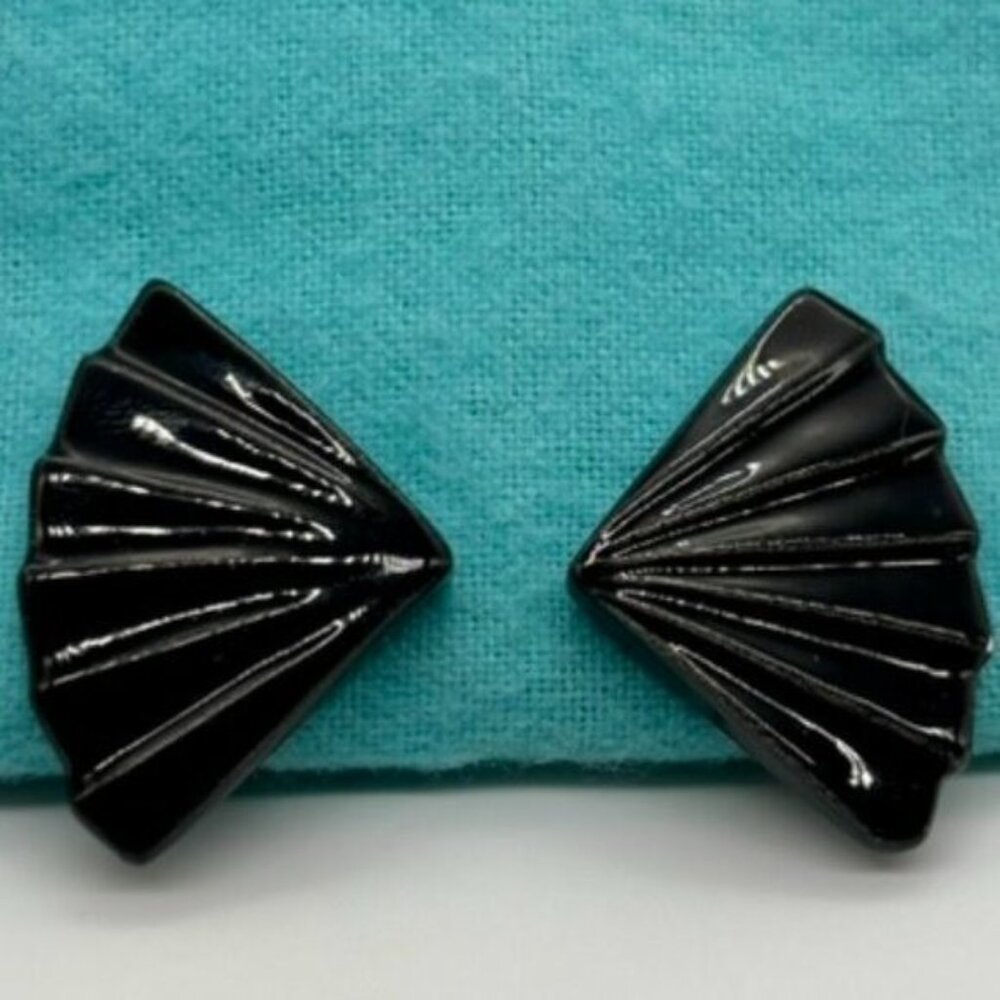 Vintage Lucite Plastic Earrings Similar to Bakelite Black Fan Shape, Screw-Backs - Picture 1 of 10